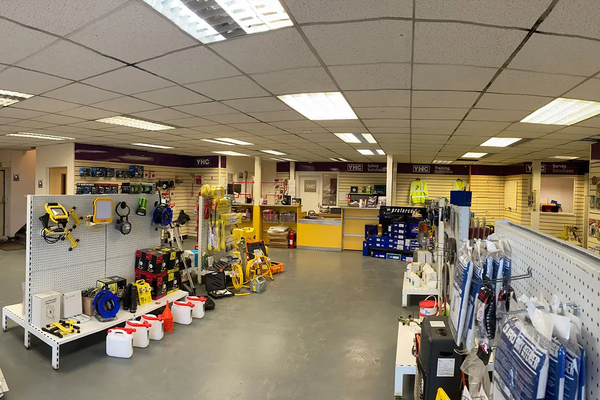 Inside the Purple Hire Solutions Yeovil depot, featuring a variety of tools for hire