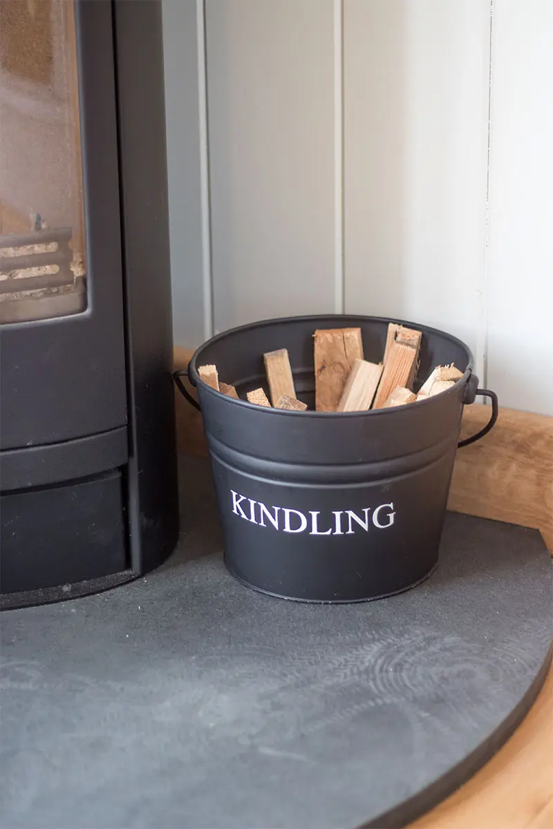 Bucket of kindling for a fireplace in a shepherds hut