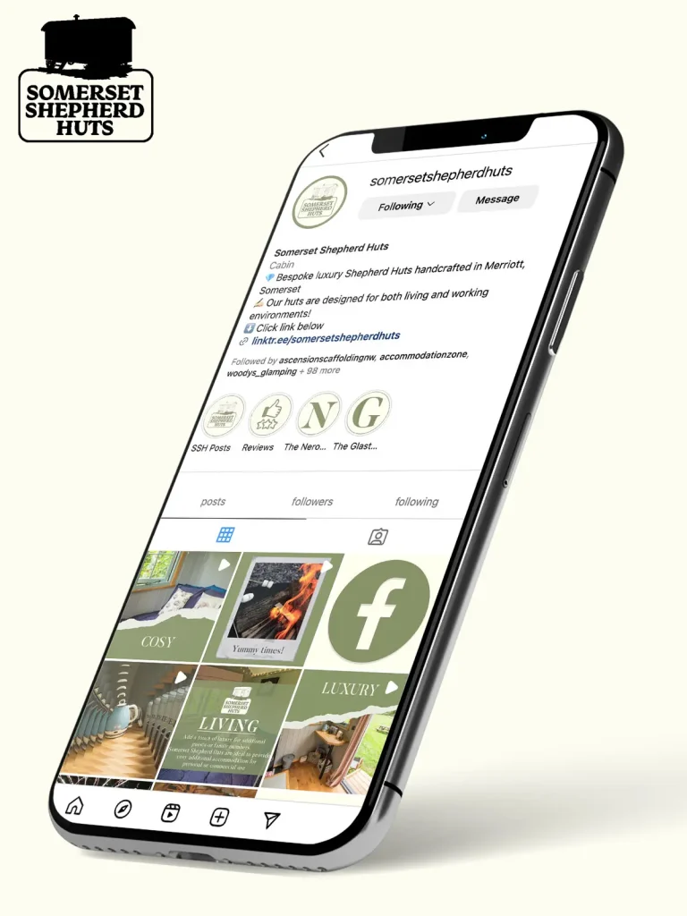 Somerset Shepherd Huts Social Media shown on a phone