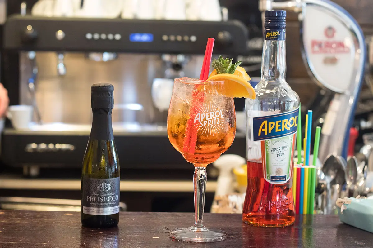 Aperol Spritz on a bar table in Tamburinos Sherborne