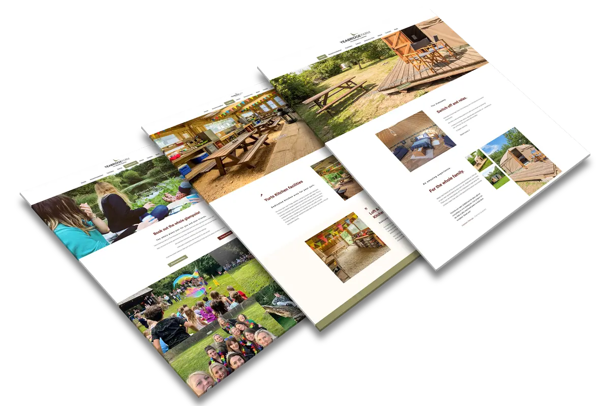 Various pages from the Yeabridge Farm Hideaway Glamping website, designed by TP Creates